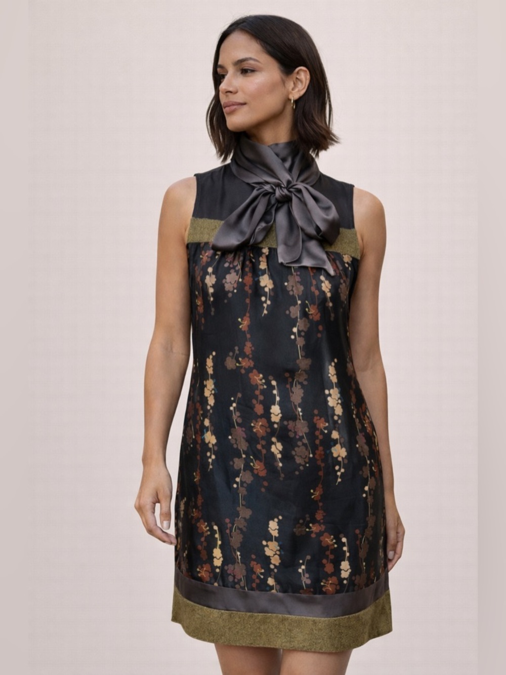 Anthropologie Hype 100% Silk Floral Tie-Neck Mini Dress – Size XS | Wool Trim